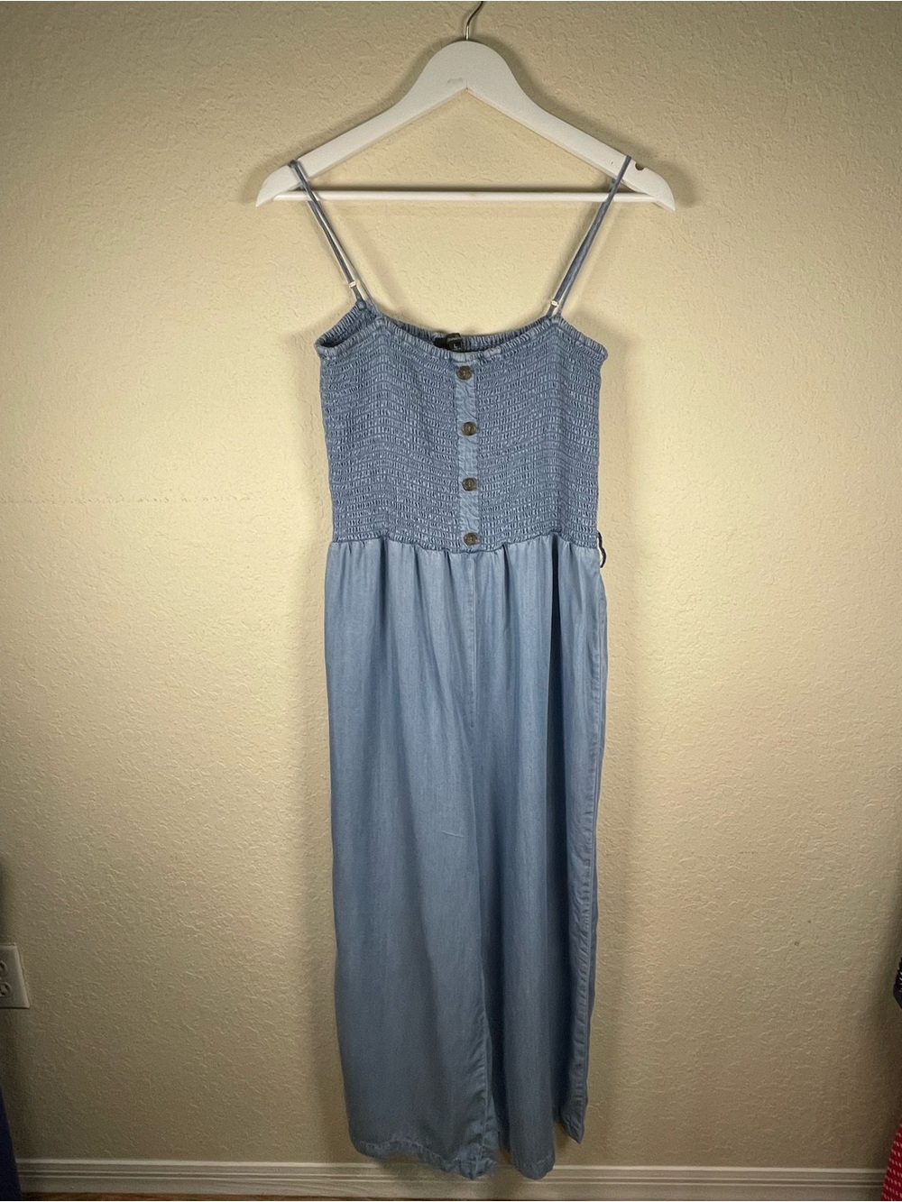 Papaya Blue Chambray Smocked Wide Leg Jumpsuit Culottes Large